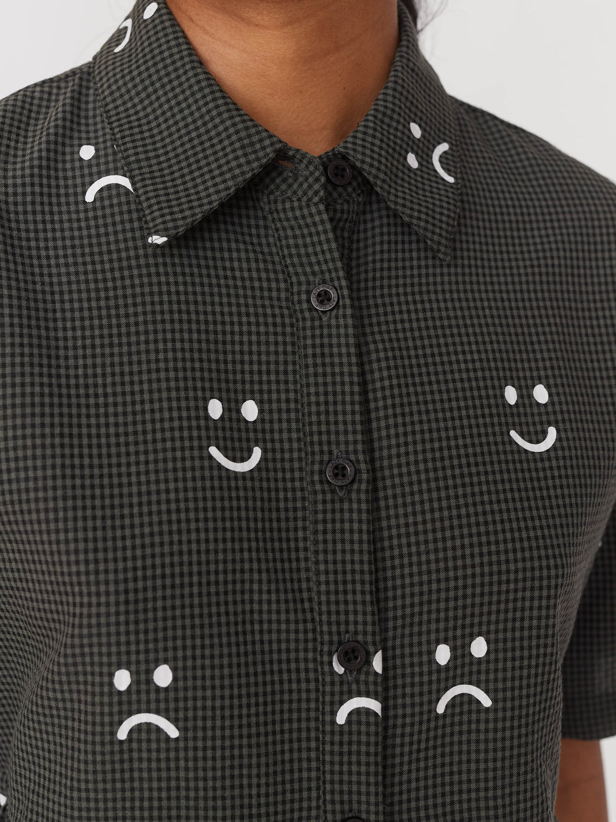 Happy Sad Check Button Up Smock Top