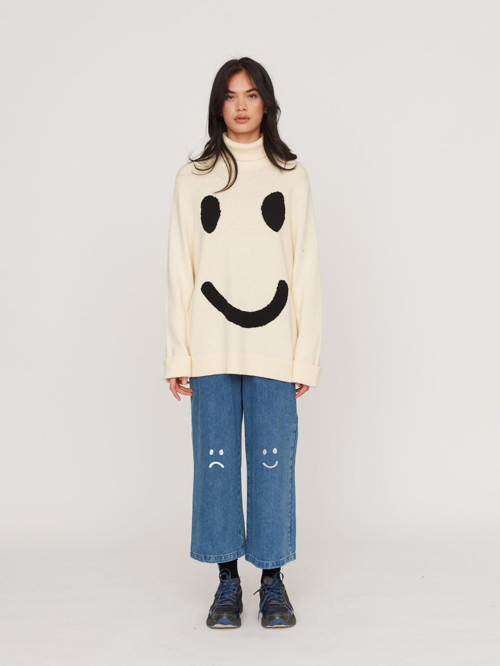 Happy Sad Embroidered Knee Jeans