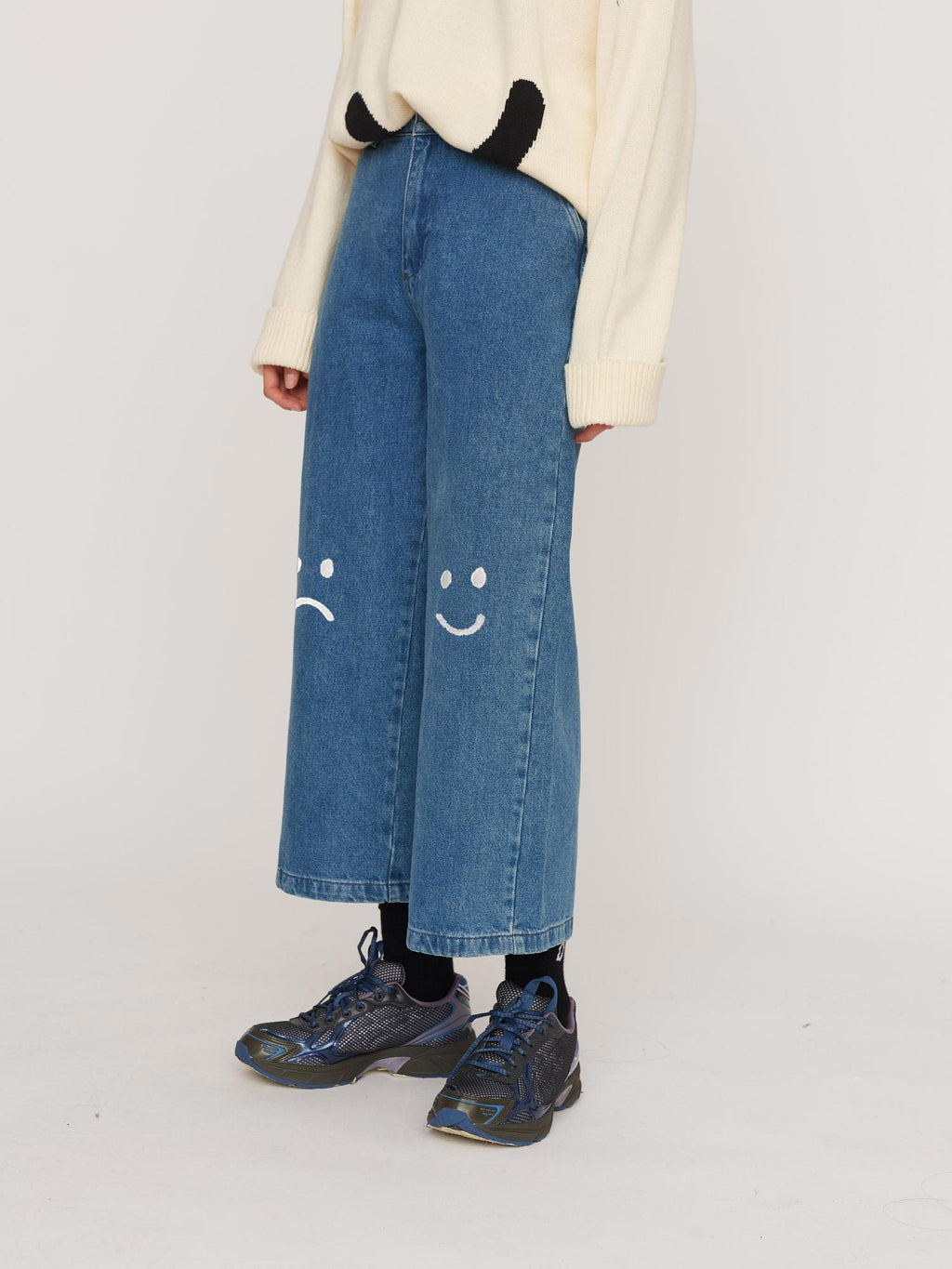 Happy Sad Embroidered Knee Jeans